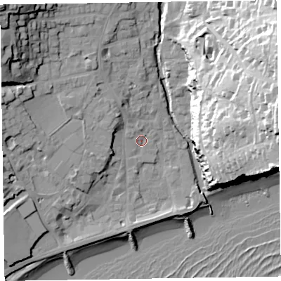 Shaded relief map of the ground around EX108DD, computed from Environment Agency LiDAR. The ground here sits at about 6 m above sea level and falls 49 m across the surrounding 800 m. Surface water reaching this point runs off ground lying to the west-north-west, 10.3 m higher.