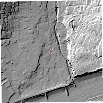 Shaded relief map of the ground around EX108DF, computed from Environment Agency LiDAR. The ground here sits at about 5 m above sea level and falls 51 m across the surrounding 800 m. Surface water reaching this point runs off ground lying to the west-north-west, 3.5 m higher.