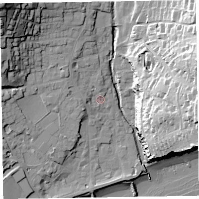 Shaded relief map of the ground around EX108DN, computed from Environment Agency LiDAR. The ground here sits at about 6 m above sea level and falls 49 m across the surrounding 800 m. Surface water reaching this point runs off ground lying to the north-west, 35.1 m higher.