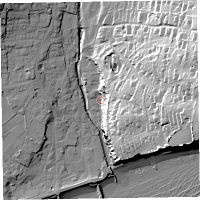 Shaded relief map of the ground around EX108DP, computed from Environment Agency LiDAR. The ground here sits at about 5 m above sea level and falls 63 m across the surrounding 800 m. Surface water reaching this point runs off ground lying to the east, 54.0 m higher.