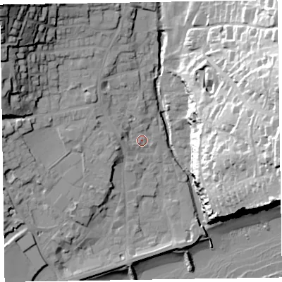 Shaded relief map of the ground around EX108DQ, computed from Environment Agency LiDAR. The ground here sits at about 6 m above sea level and falls 50 m across the surrounding 800 m. Surface water reaching this point runs off ground lying to the north-west, 34.0 m higher.
