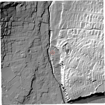 Shaded relief map of the ground around EX108DR, computed from Environment Agency LiDAR. The ground here sits at about 7 m above sea level and falls 57 m across the surrounding 800 m. Surface water reaching this point runs off ground lying to the east, 16.4 m higher.