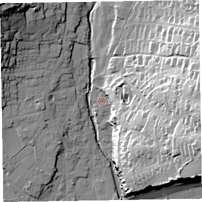 Shaded relief map of the ground around EX108DS, computed from Environment Agency LiDAR. The ground here sits at about 7 m above sea level and falls 58 m across the surrounding 800 m. Surface water reaching this point runs off ground lying to the east, 15.6 m higher.