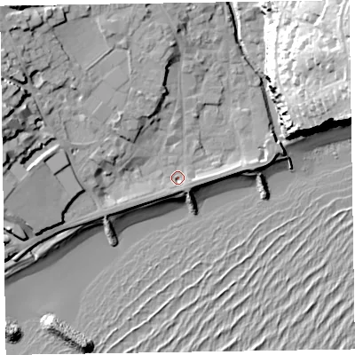 Shaded relief map of the ground around EX108DU, computed from Environment Agency LiDAR. The ground here sits at about 5 m above sea level and falls 42 m across the surrounding 800 m. Surface water reaching this point runs off ground lying to the west-north-west, 15.8 m higher.