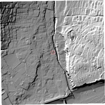 Shaded relief map of the ground around EX108DW, computed from Environment Agency LiDAR. The ground here sits at about 6 m above sea level and falls 53 m across the surrounding 800 m. Surface water reaching this point runs off ground lying to the north-west, 32.7 m higher.