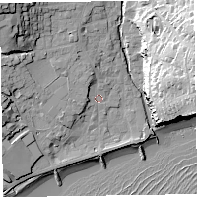Shaded relief map of the ground around EX108EL, computed from Environment Agency LiDAR. The ground here sits at about 6 m above sea level and falls 44 m across the surrounding 800 m. Surface water reaching this point runs off ground lying to the west-north-west, 10.1 m higher.