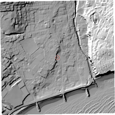 Shaded relief map of the ground around EX108LN, computed from Environment Agency LiDAR. The ground here sits at about 6 m above sea level and falls 41 m across the surrounding 800 m. Surface water reaching this point runs off ground lying to the north, 4.6 m higher.