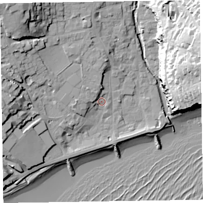 Shaded relief map of the ground around EX108LP, computed from Environment Agency LiDAR. The ground here sits at about 6 m above sea level and falls 40 m across the surrounding 800 m. Surface water reaching this point runs off ground lying to the north-west, 4.8 m higher.