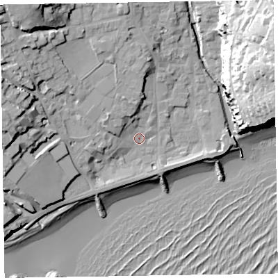 Shaded relief map of the ground around EX108LR, computed from Environment Agency LiDAR. The ground here sits at about 4 m above sea level and falls 39 m across the surrounding 800 m. Surface water reaching this point runs off ground lying to the north-north-west, 5.4 m higher.