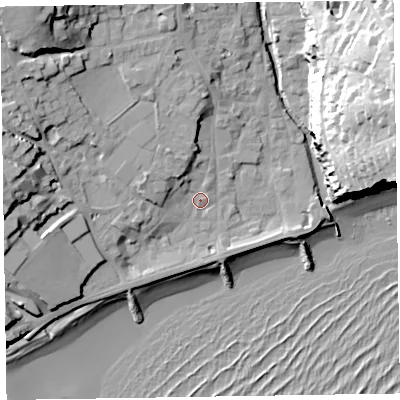 Shaded relief map of the ground around EX108LS, computed from Environment Agency LiDAR. The ground here sits at about 5 m above sea level and falls 40 m across the surrounding 800 m. Surface water reaching this point runs off ground lying to the north-north-west, 5.4 m higher.