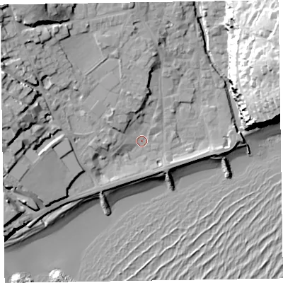 Shaded relief map of the ground around EX108LX, computed from Environment Agency LiDAR. The ground here sits at about 5 m above sea level and falls 39 m across the surrounding 800 m. Surface water reaching this point runs off ground lying to the north-west, 16.5 m higher.