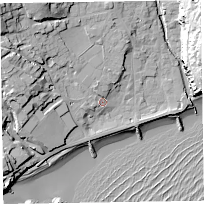 Shaded relief map of the ground around EX108LY, computed from Environment Agency LiDAR. The ground here sits at about 7 m above sea level and falls 34 m across the surrounding 800 m. Surface water reaching this point runs off ground lying to the north-west, 20.3 m higher.