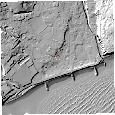 Shaded relief map of the ground around EX108LZ, computed from Environment Agency LiDAR. The ground here sits at about 5 m above sea level and falls 38 m across the surrounding 800 m. Surface water reaching this point runs off ground lying to the north-west, 18.8 m higher.
