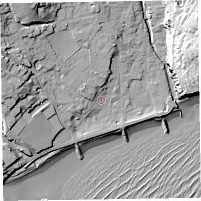 Shaded relief map of the ground around EX108NA, computed from Environment Agency LiDAR. The ground here sits at about 5 m above sea level and falls 38 m across the surrounding 800 m. Surface water reaching this point runs off ground lying to the north-west, 18.1 m higher.