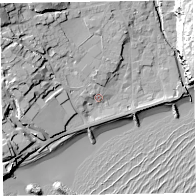 Shaded relief map of the ground around EX108ND, computed from Environment Agency LiDAR. The ground here sits at about 6 m above sea level and falls 32 m across the surrounding 800 m. Surface water reaching this point runs off ground lying to the west-north-west, 16.4 m higher.