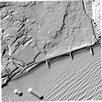 Shaded relief map of the ground around EX108NE, computed from Environment Agency LiDAR. The ground here sits at about 4 m above sea level and falls 32 m across the surrounding 800 m. Surface water reaching this point runs off ground lying to the west-north-west, 16.4 m higher.
