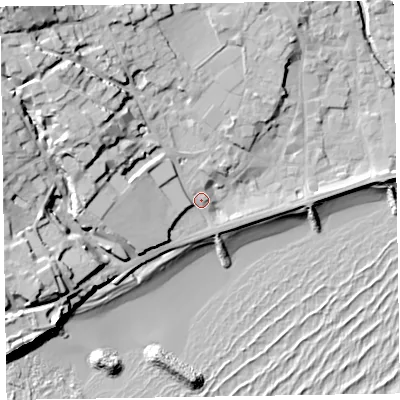 Shaded relief map of the ground around EX108NP, computed from Environment Agency LiDAR. The ground here sits at about 7 m above sea level and falls 31 m across the surrounding 800 m. Surface water reaching this point runs off ground lying to the north-west, 14.7 m higher.