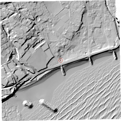 Shaded relief map of the ground around EX108NR, computed from Environment Agency LiDAR. The ground here sits at about 5 m above sea level and falls 29 m across the surrounding 800 m. Surface water reaching this point runs off ground lying to the west-north-west, 7.9 m higher.