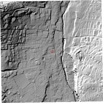 Shaded relief map of the ground around EX108PL, computed from Environment Agency LiDAR. The ground here sits at about 10 m above sea level and falls 56 m across the surrounding 800 m. Surface water reaching this point runs off ground lying to the west, 3.4 m higher.