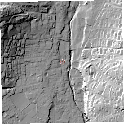 Shaded relief map of the ground around EX108PN, computed from Environment Agency LiDAR. The ground here sits at about 8 m above sea level and falls 52 m across the surrounding 800 m. Surface water reaching this point runs off ground lying to the north-west, 4.3 m higher.