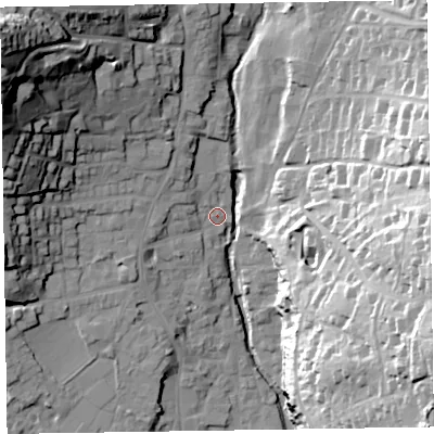 Shaded relief map of the ground around EX108PP, computed from Environment Agency LiDAR. The ground here sits at about 8 m above sea level and falls 49 m across the surrounding 800 m. Surface water reaching this point runs off ground lying to the north-west, 5.2 m higher.