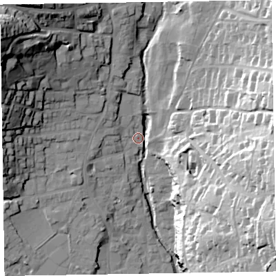 Shaded relief map of the ground around EX108PR, computed from Environment Agency LiDAR. The ground here sits at about 8 m above sea level and falls 49 m across the surrounding 800 m. Surface water reaching this point runs off ground lying to the north-west, 44.4 m higher.
