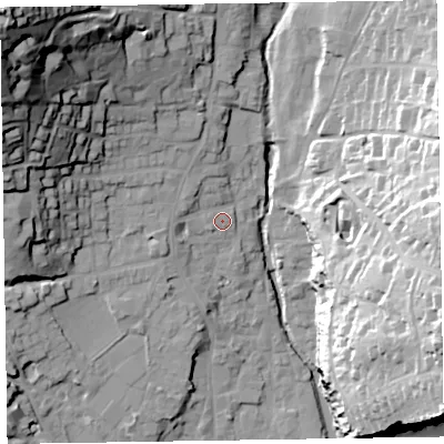 Shaded relief map of the ground around EX108PU, computed from Environment Agency LiDAR. The ground here sits at about 9 m above sea level and falls 58 m across the surrounding 800 m. Surface water reaching this point runs off ground lying to the west-north-west, 3.1 m higher.