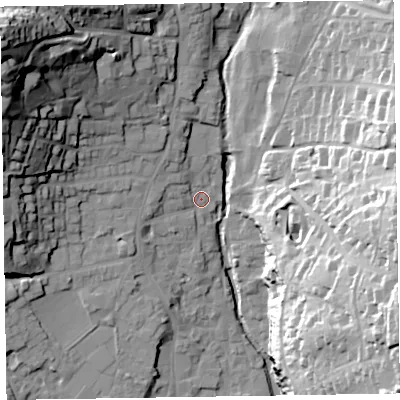 Shaded relief map of the ground around EX108PW, computed from Environment Agency LiDAR. The ground here sits at about 8 m above sea level and falls 52 m across the surrounding 800 m. Surface water reaching this point runs off ground lying to the west, 4.2 m higher.