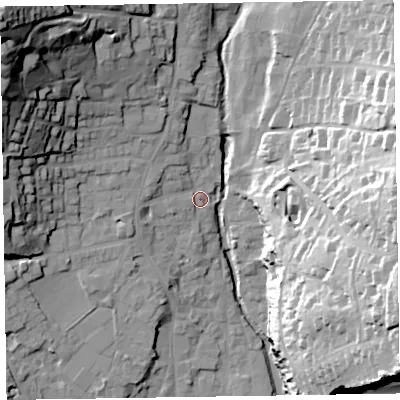 Shaded relief map of the ground around EX108PX, computed from Environment Agency LiDAR. The ground here sits at about 8 m above sea level and falls 54 m across the surrounding 800 m. Surface water reaching this point runs off ground lying to the west-north-west, 5.1 m higher.