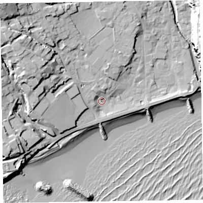 Shaded relief map of the ground around EX108QS, computed from Environment Agency LiDAR. The ground here sits at about 5 m above sea level and falls 31 m across the surrounding 800 m. Surface water reaching this point runs off ground lying to the west-north-west, 16.4 m higher.