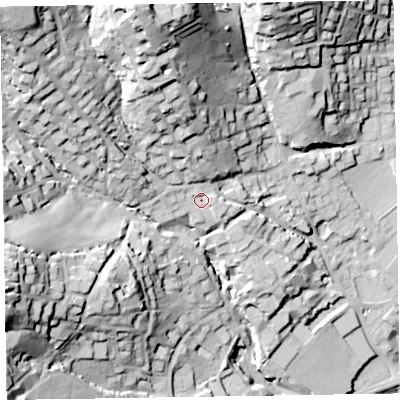 Shaded relief map of the ground around EX108QT, computed from Environment Agency LiDAR. The ground here sits at about 22 m above sea level and falls 53 m across the surrounding 800 m. Surface water reaching this point runs off ground lying to the west-north-west, 1.7 m higher.