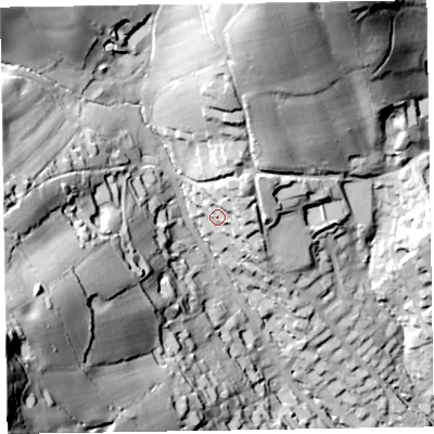 Shaded relief map of the ground around EX108RF, computed from Environment Agency LiDAR. The ground here sits at about 56 m above sea level and falls 106 m across the surrounding 800 m. Surface water reaching this point runs off ground lying to the north-east, 14.3 m higher.