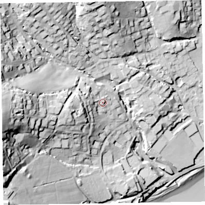 Shaded relief map of the ground around EX108RW, computed from Environment Agency LiDAR. The ground here sits at about 23 m above sea level and falls 61 m across the surrounding 800 m. Surface water reaching this point runs off ground lying to the west-south-west, 12.7 m higher.