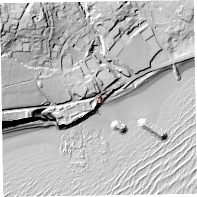 Shaded relief map of the ground around EX108RZ, computed from Environment Agency LiDAR. The ground here sits at about 12 m above sea level and falls 45 m across the surrounding 800 m. Surface water reaching this point runs off ground lying to the west, 32.5 m higher.
