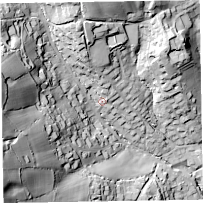 Shaded relief map of the ground around EX108SQ, computed from Environment Agency LiDAR. The ground here sits at about 40 m above sea level and falls 90 m across the surrounding 800 m. Surface water reaching this point runs off ground lying to the west, 58.4 m higher.