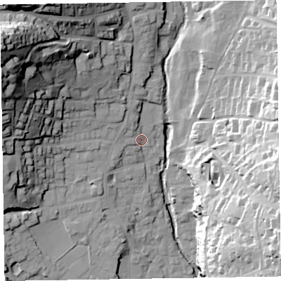 Shaded relief map of the ground around EX108TX, computed from Environment Agency LiDAR. The ground here sits at about 9 m above sea level and falls 54 m across the surrounding 800 m. Surface water reaching this point runs off ground lying to the north-west, 4.0 m higher.