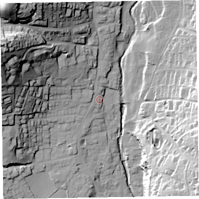 Shaded relief map of the ground around EX108UG, computed from Environment Agency LiDAR. The ground here sits at about 12 m above sea level and falls 60 m across the surrounding 800 m. Surface water reaching this point runs off ground lying to the north-west, 53.2 m higher.