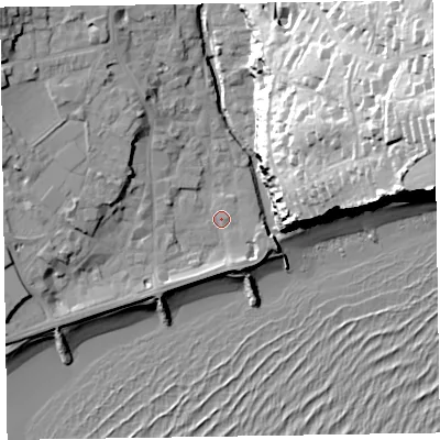 Shaded relief map of the ground around EX108XR, computed from Environment Agency LiDAR. The ground here sits at about 4 m above sea level and falls 57 m across the surrounding 800 m. Surface water reaching this point runs off ground lying to the west-north-west, 8.3 m higher.