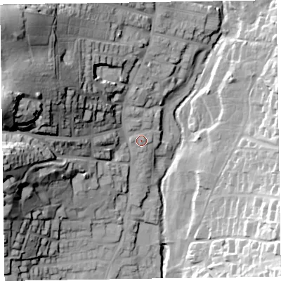 Shaded relief map of the ground around EX109BB, computed from Environment Agency LiDAR. The ground here sits at about 16 m above sea level and falls 64 m across the surrounding 800 m. Surface water reaching this point runs off ground lying to the north-north-west, 3.3 m higher.