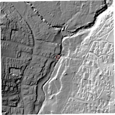 Shaded relief map of the ground around EX109BP, computed from Environment Agency LiDAR. The ground here sits at about 14 m above sea level and falls 46 m across the surrounding 800 m. Surface water reaching this point runs off ground lying to the east-south-east, 42.6 m higher.