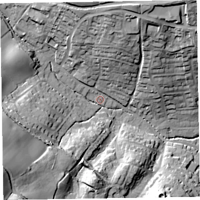 Shaded relief map of the ground around EX109DY, computed from Environment Agency LiDAR. The ground here sits at about 46 m above sea level and falls 55 m across the surrounding 800 m. Surface water reaching this point runs off ground lying to the west-south-west, 36.5 m higher.
