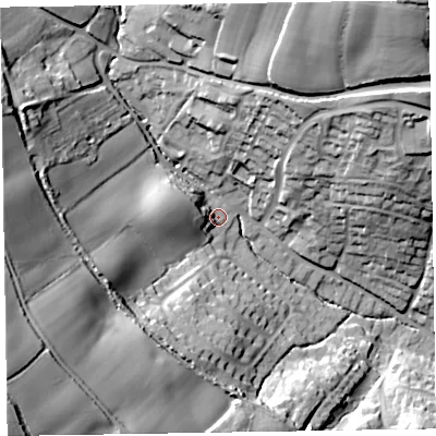 Shaded relief map of the ground around EX109DZ, computed from Environment Agency LiDAR. The ground here sits at about 53 m above sea level and falls 72 m across the surrounding 800 m. Surface water reaching this point runs off ground lying to the south-west, 60.7 m higher.