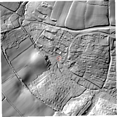Shaded relief map of the ground around EX109EA, computed from Environment Agency LiDAR. The ground here sits at about 52 m above sea level and falls 66 m across the surrounding 800 m. Surface water reaching this point runs off ground lying to the north-east, 54.0 m higher.