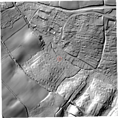Shaded relief map of the ground around EX109ED, computed from Environment Agency LiDAR. The ground here sits at about 51 m above sea level and falls 68 m across the surrounding 800 m. Surface water reaching this point runs off ground lying to the west-south-west, 50.9 m higher.