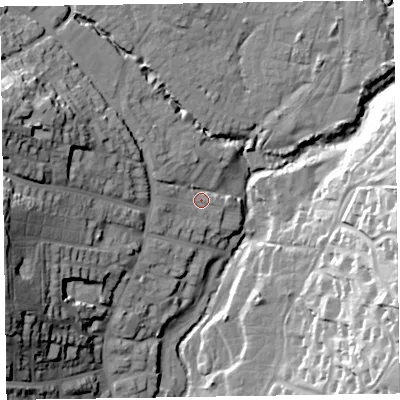 Shaded relief map of the ground around EX109EU, computed from Environment Agency LiDAR. The ground here sits at about 19 m above sea level and falls 41 m across the surrounding 800 m. Surface water reaching this point runs off ground lying to the north-west, 6.1 m higher.