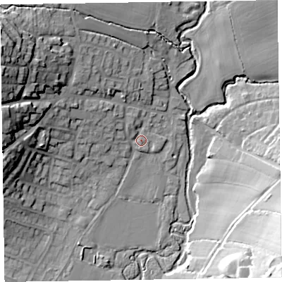 Shaded relief map of the ground around EX109FB, computed from Environment Agency LiDAR. The ground here sits at about 35 m above sea level and falls 37 m across the surrounding 800 m. Surface water reaching this point runs off ground lying to the north-west, 5.4 m higher.