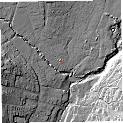 Shaded relief map of the ground around EX109JB, computed from Environment Agency LiDAR. The ground here sits at about 22 m above sea level and falls 40 m across the surrounding 800 m. Surface water reaching this point runs off ground lying to the north-west, 5.0 m higher.