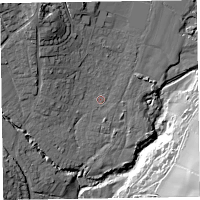 Shaded relief map of the ground around EX109JP, computed from Environment Agency LiDAR. The ground here sits at about 23 m above sea level and falls 49 m across the surrounding 800 m. Surface water reaching this point runs off ground lying to the north-west, 5.1 m higher.