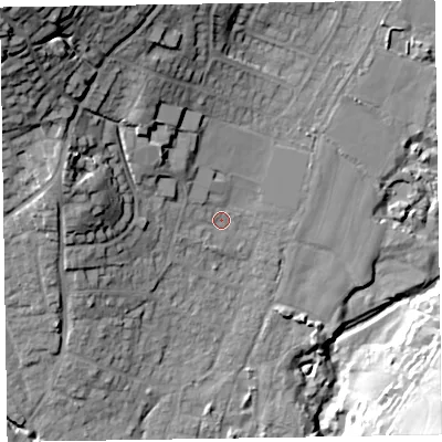 Shaded relief map of the ground around EX109LQ, computed from Environment Agency LiDAR. The ground here sits at about 27 m above sea level and falls 42 m across the surrounding 800 m. Surface water reaching this point runs off ground lying to the north-west, 33.5 m higher.