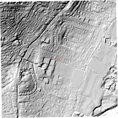Shaded relief map of the ground around EX109LS, computed from Environment Agency LiDAR. The ground here sits at about 30 m above sea level and falls 59 m across the surrounding 800 m. Surface water reaching this point runs off ground lying to the north-west, 13.0 m higher.